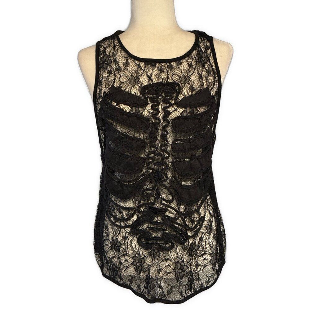 Foreign Exchange Solid Black Lace Rib Cage Print Sheer Tank Top Small